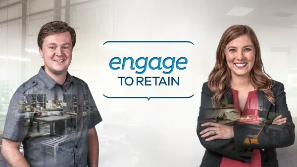 Image of two people next to a logo for the Engage to Retain program from Express Employment Professionals